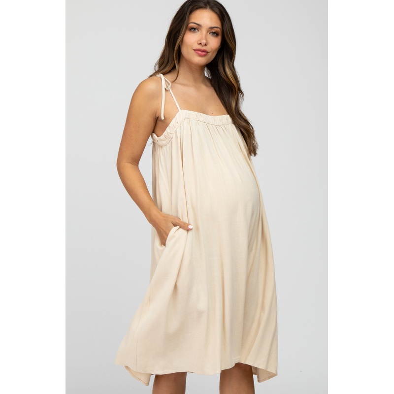 Beige Shoulder Tie Maternity Dress