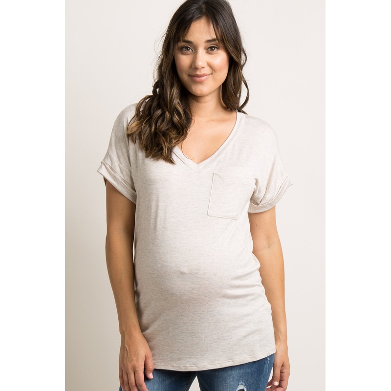 Beige Solid Pocket Maternity Top