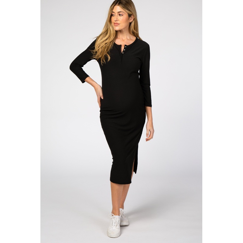 Black 3/4 Sleeve Maternity Midi Dress