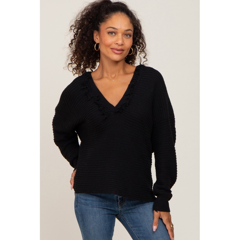Black Fringe Trim Rib Knit Hoodie