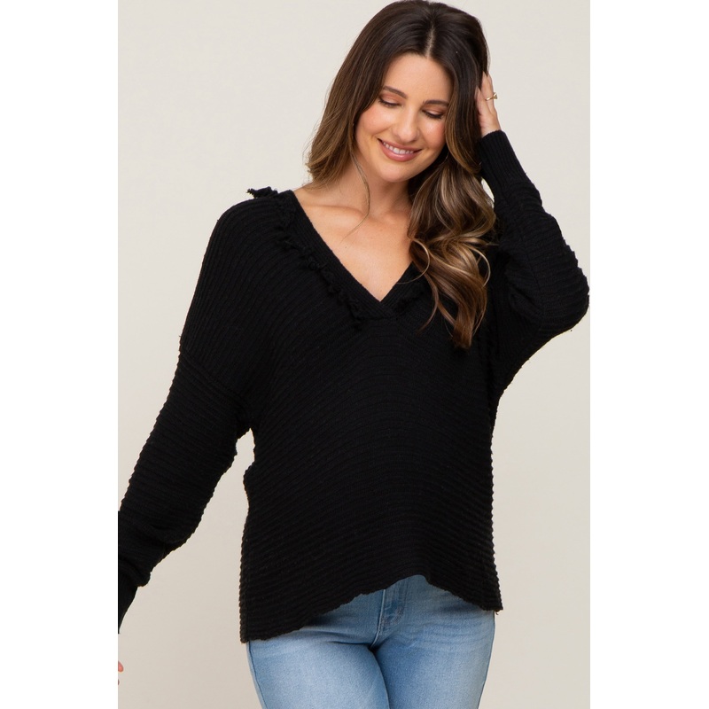 Black Fringe Trim Rib Knit Maternity Hoodie