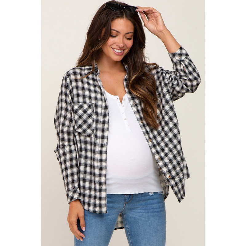 Black Plaid Flannel Maternity Top