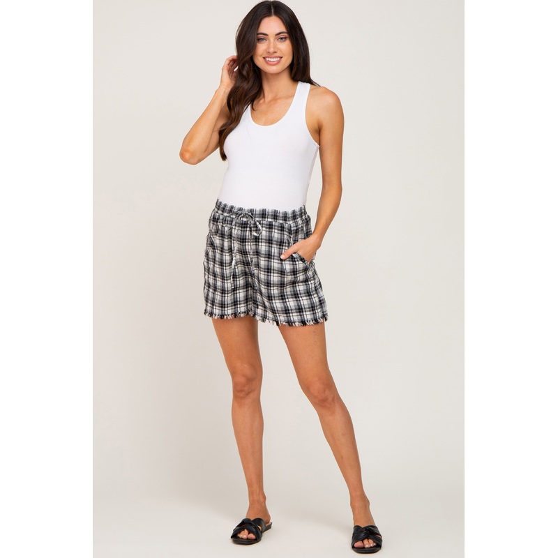 Black Plaid Fringe Hem Maternity Shorts
