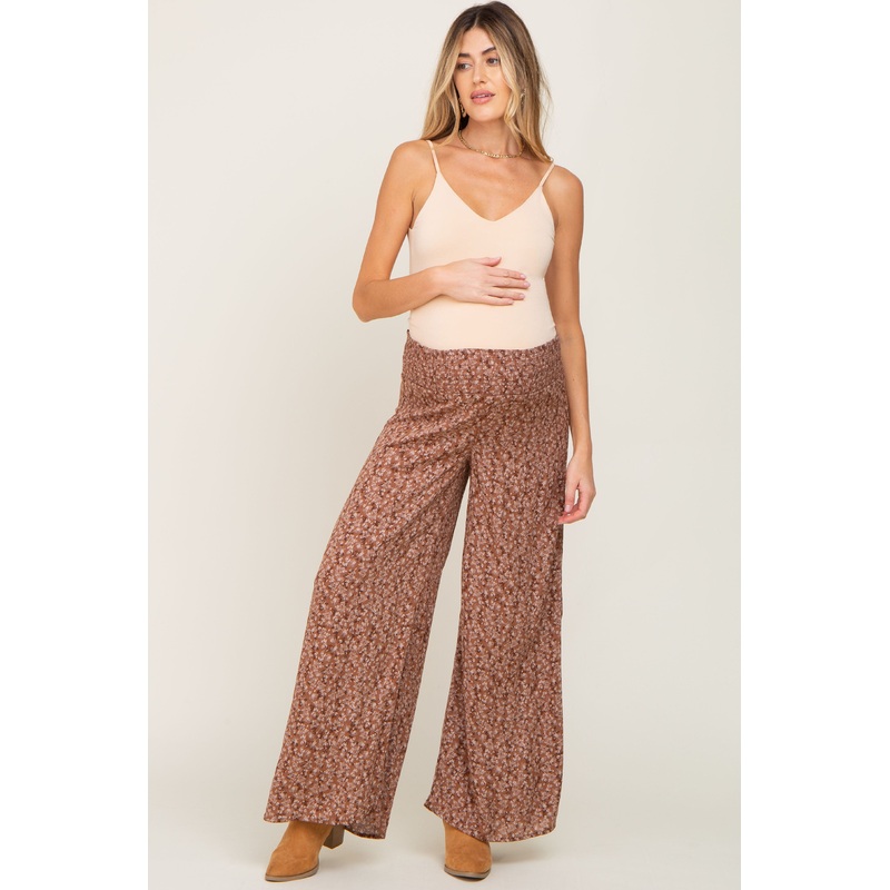 Brown Floral Smocked Wide Leg Maternity Pants