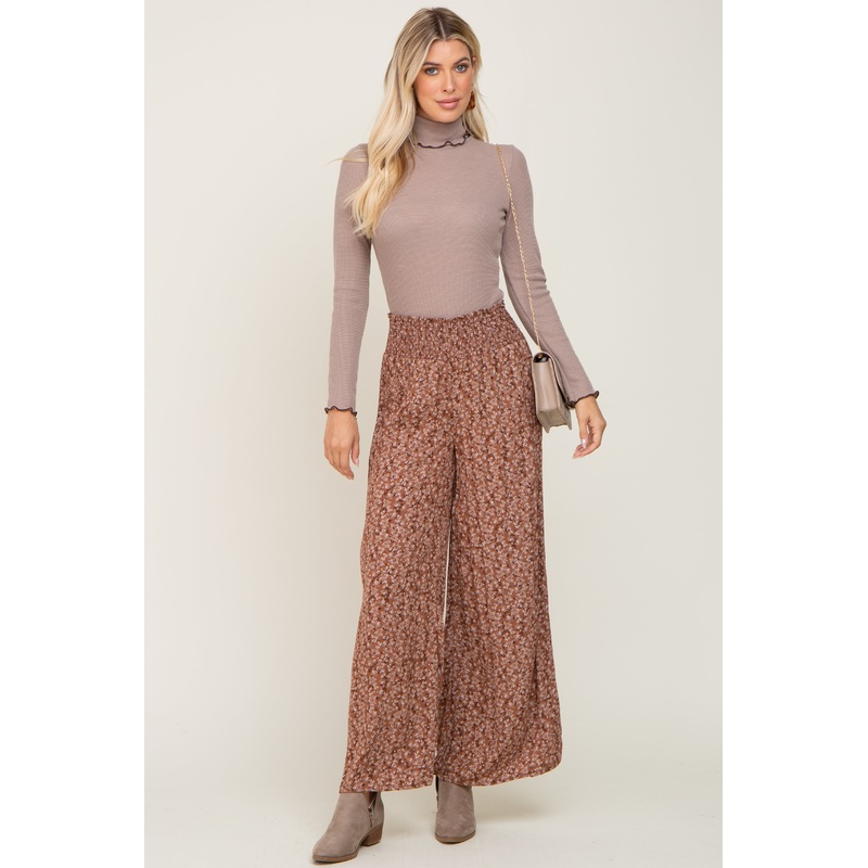 Brown Floral Smocked Wide Leg Pants