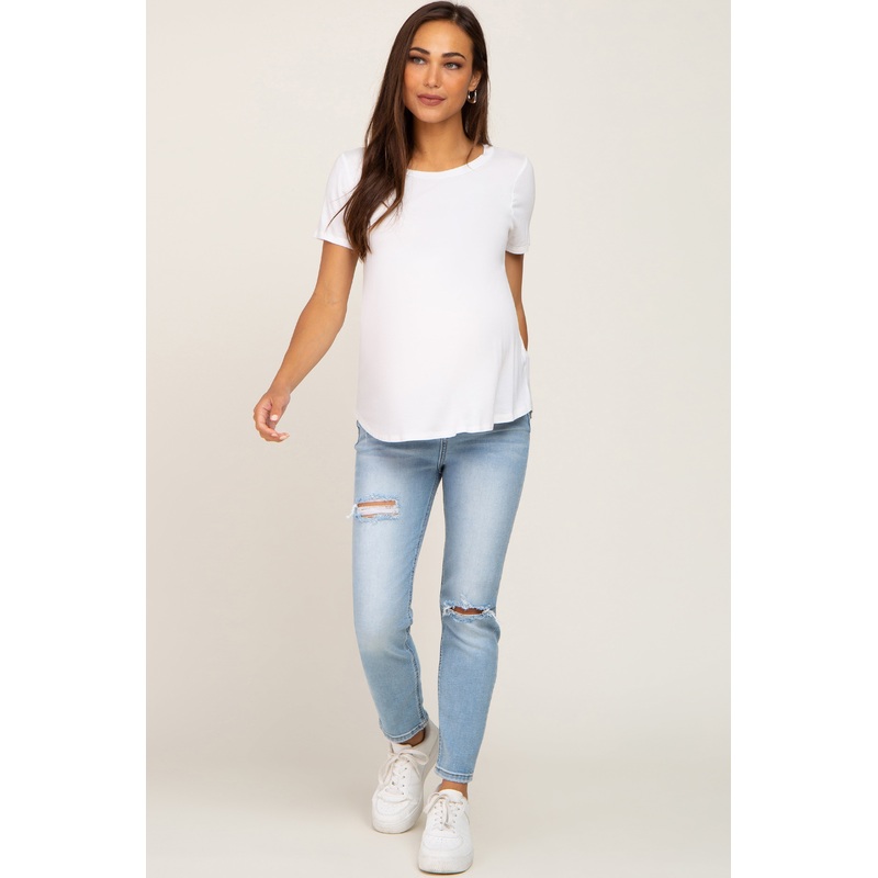 Light Blue Open Knee Maternity Skinny Jeans