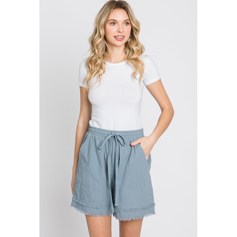 Light Blue Striped Fringe Hem Shorts