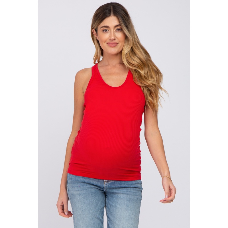 Red Ribbed Racerback Maternity Tank Top
