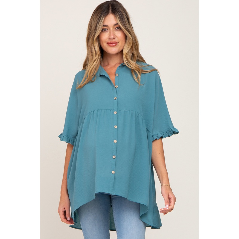 Teal Oversized Button Front Ruffle Short Sleeve Hi-Low Maternity Top