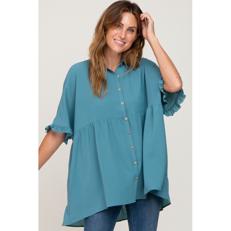 Teal Oversized Button Front Ruffle Short Sleeve Hi-Low Top