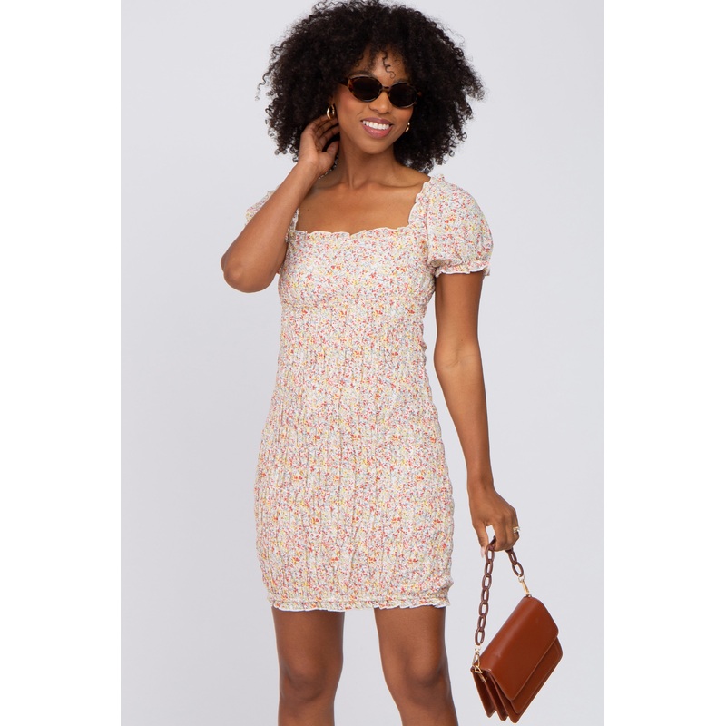 White Floral Square Neck Smocked Bubble Sleeve Dress