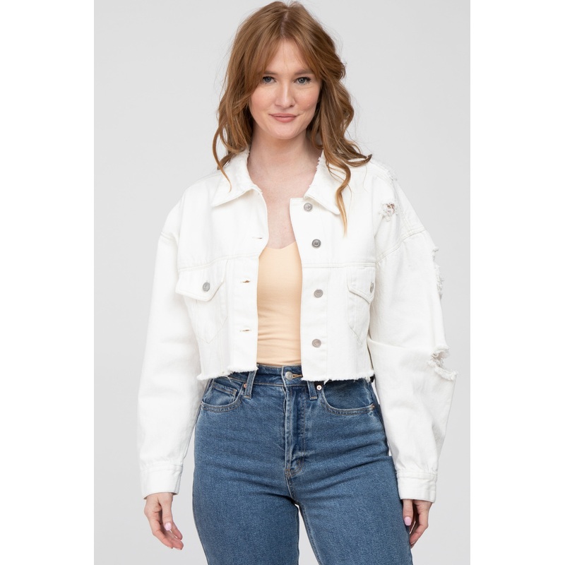 White Raw Hem Cropped Jean Jacket