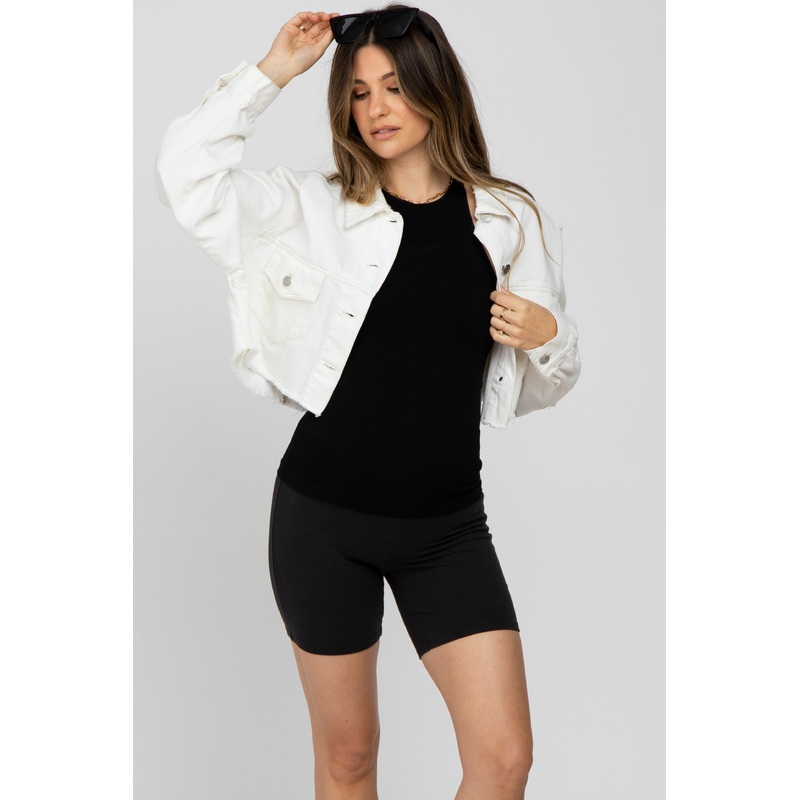 White Raw Hem Cropped Maternity Jean Jacket