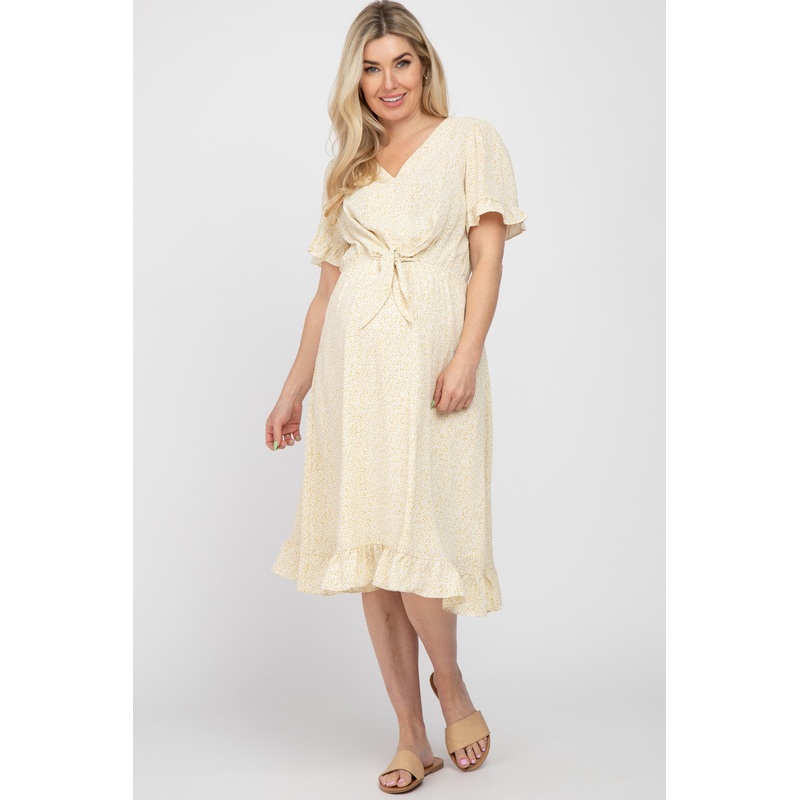 Yellow Ditsy Floral Front Tie Maternity Dress