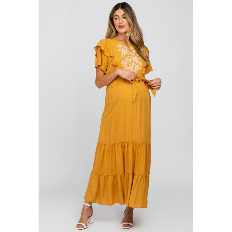 Yellow Floral Embroidered Maternity Maxi Dress
