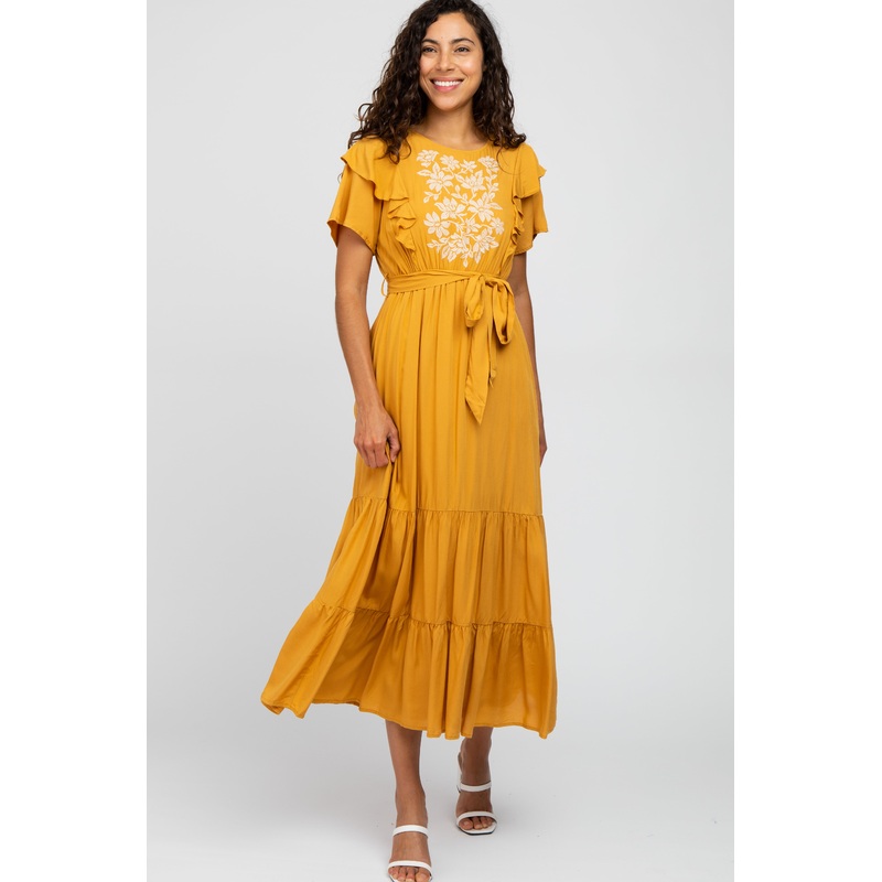 Yellow Floral Embroidered Maxi Dress