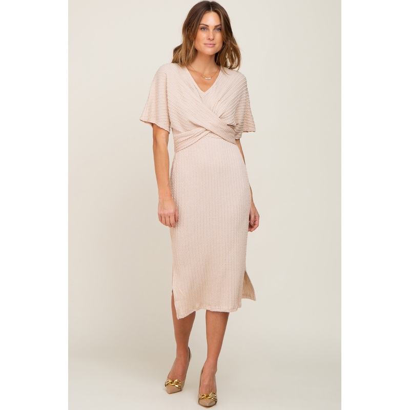 Beige Cable Knit Front Twist Midi Dress