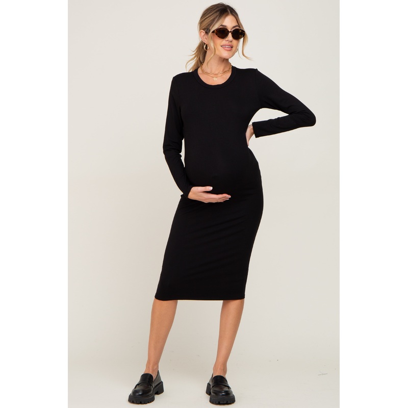 Black Basic Maternity Midi Dress
