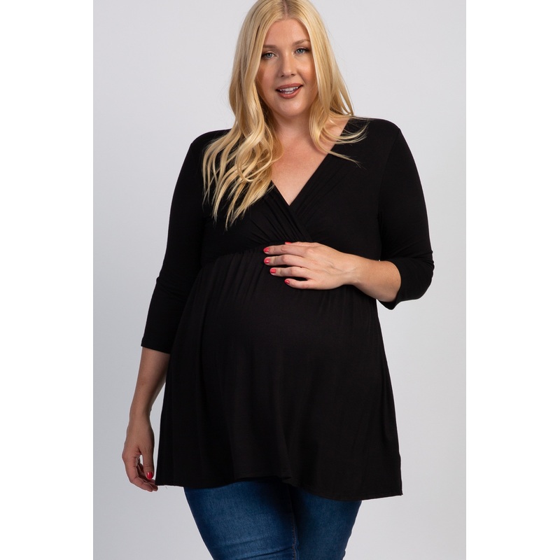 Black Draped Front 3/4 Sleeve Maternity/Nursing Plus Top