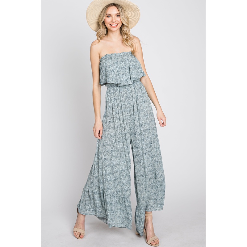 Blue Floral Strapless Ruffle Hem Jumpsuit