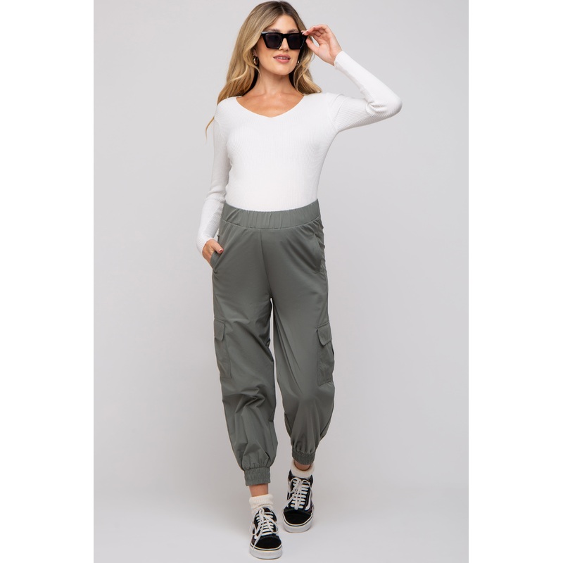 Light Olive Cargo Maternity Joggers