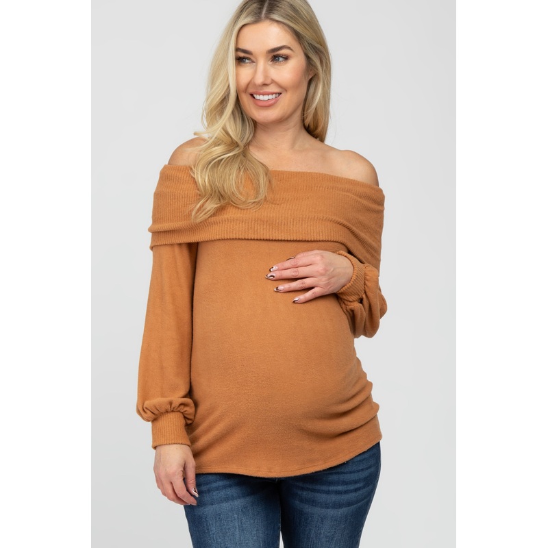 Rust Soft Brushed Off Shoulder Fitted Maternity Top