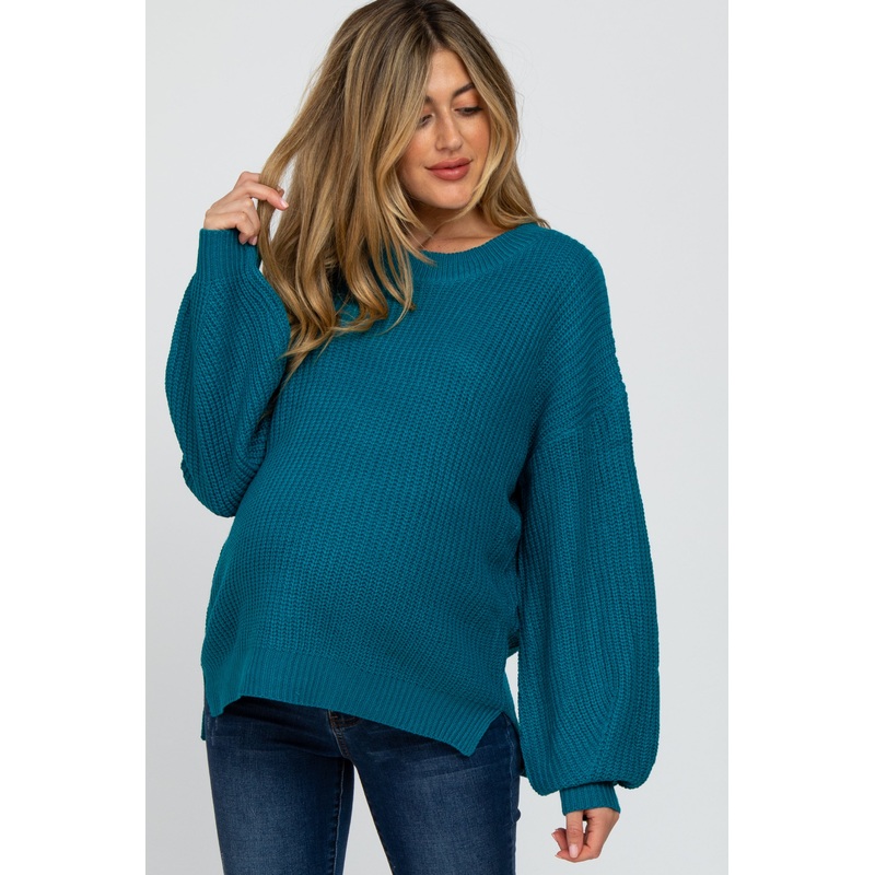 Teal Knit Balloon Sleeve Maternity Sweater
