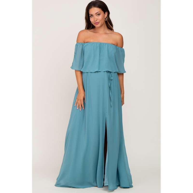 Aqua Chiffon Off Shoulder Maternity Maxi Dress