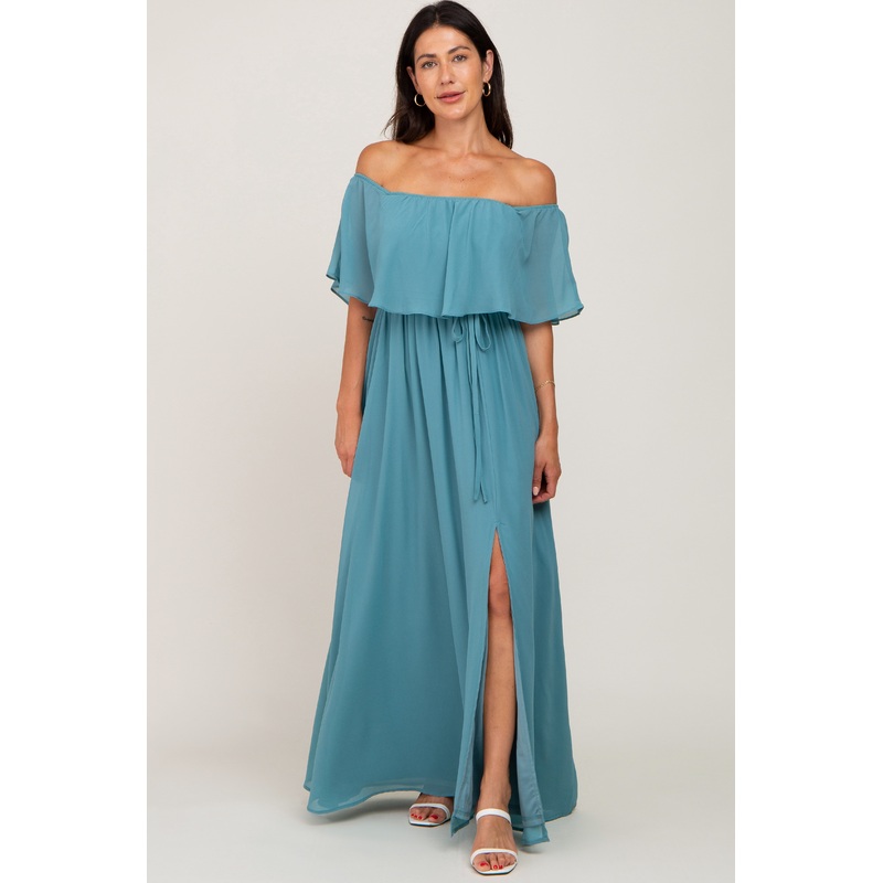 Aqua Chiffon Off Shoulder Maxi Dress