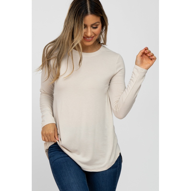 Beige Basic Long Sleeve Top