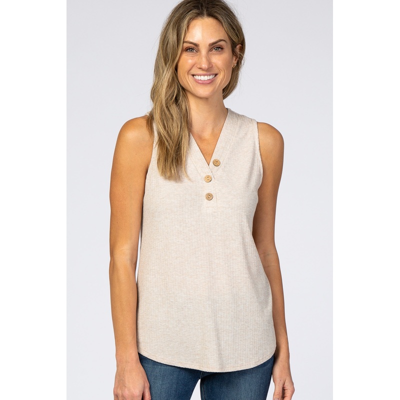 Beige Ribbed Button Accent Sleeveless Top