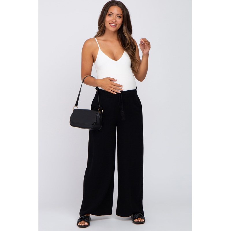 Black Linen Smocked Waist Maternity Pants