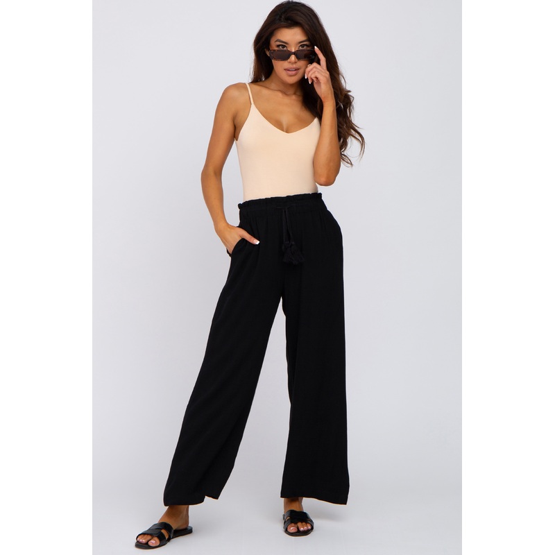 Black Linen Smocked Waist Pants