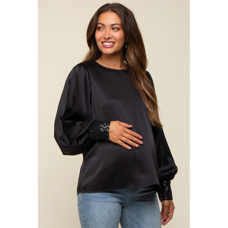 Black Satin Sequin Cuff Maternity Blouse
