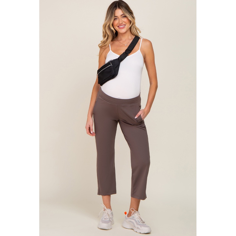 Brown Elastic Waist Capri Maternity Pants