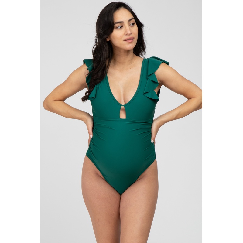 Forest Green Flutter Sleeve Back Cutout Maternity One Piece Swimsuit
