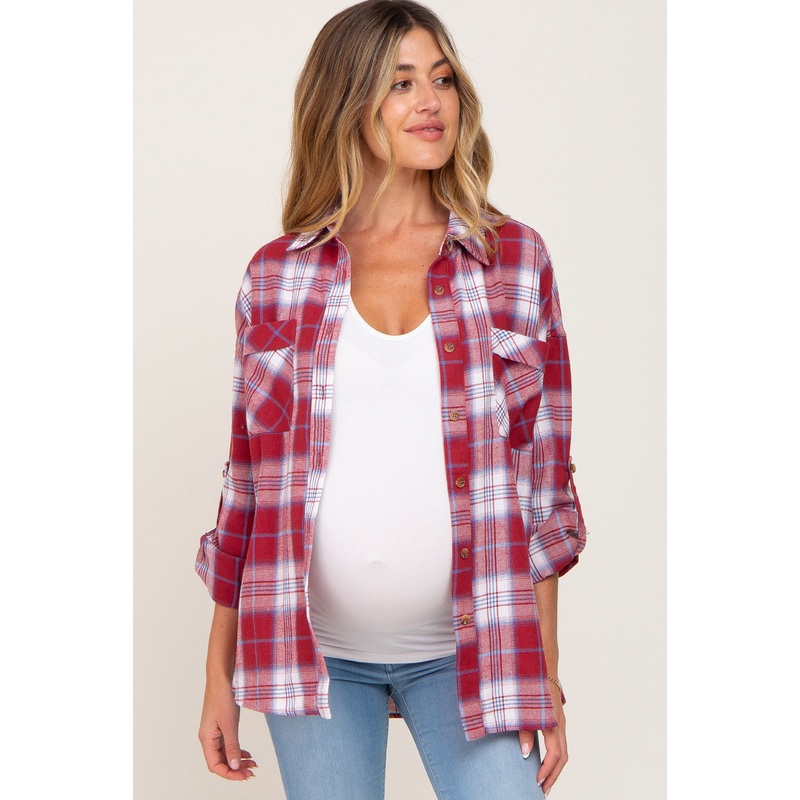 Red Plaid Maternity Flannel Top
