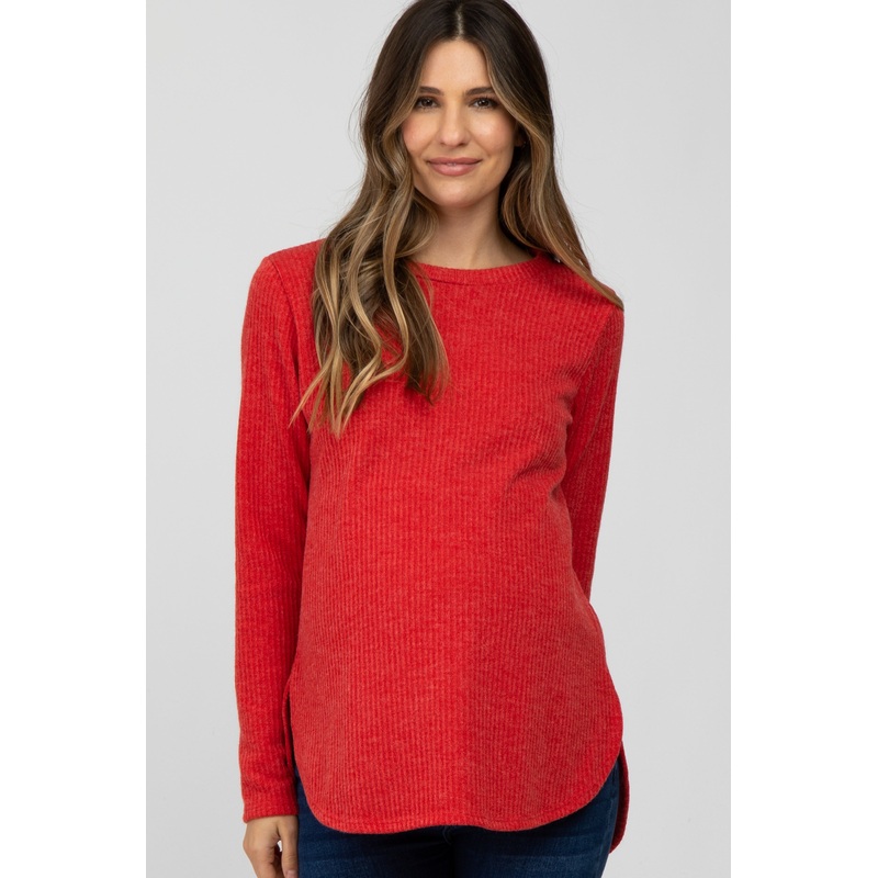 Red Ribbed Long Sleeve Curved Hem Maternity Top