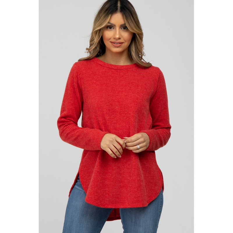 Red Ribbed Long Sleeve Curved Hem Top