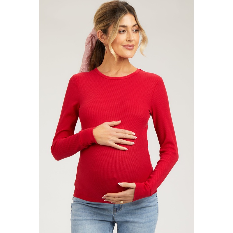 Red Waffle Knit Basic Long Sleeve Maternity Top