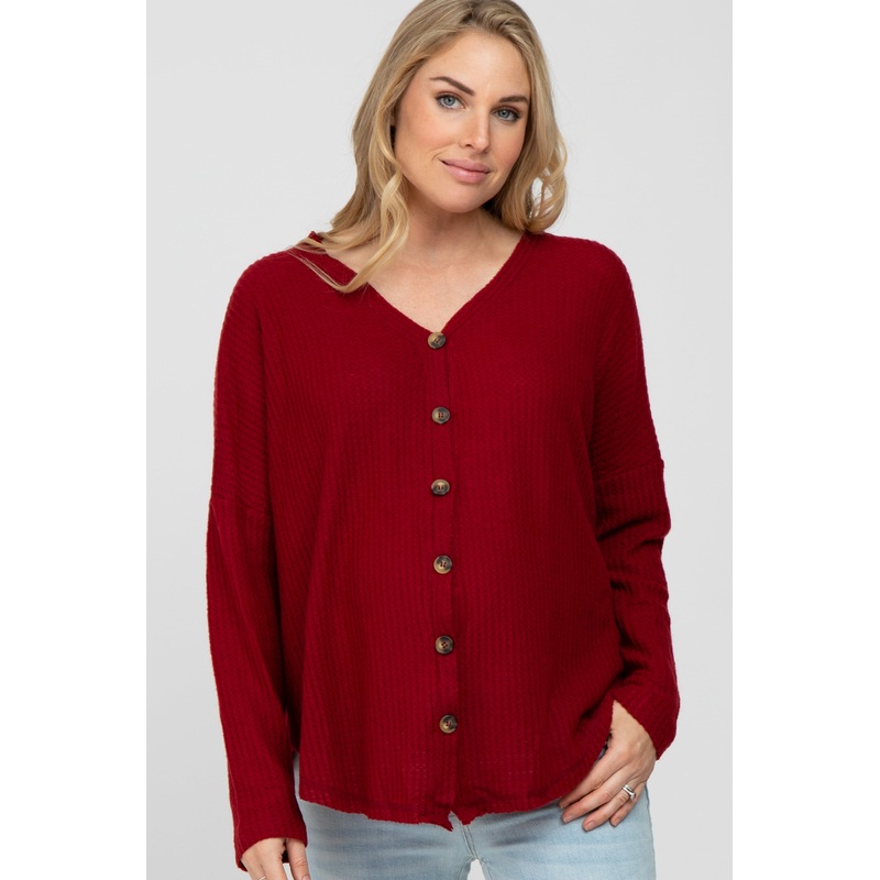 Red Waffle Knit Button Down Maternity Top