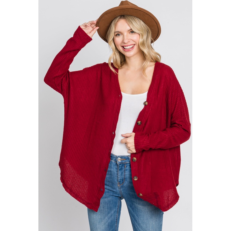 Red Waffle Knit Button Down Top