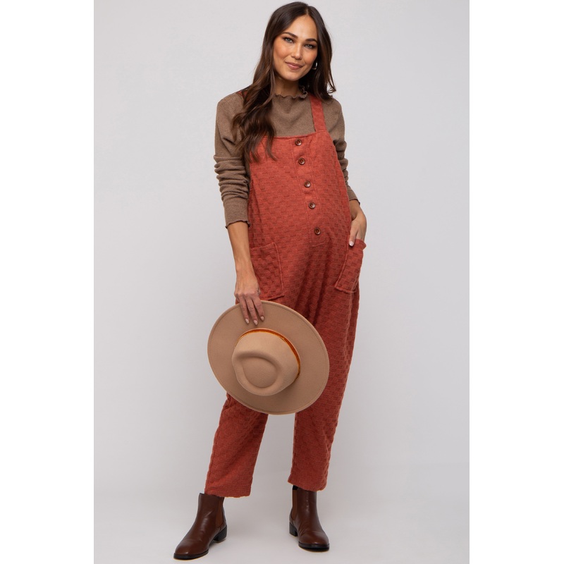 Rust Checkered Soft Knit Maternity Overall