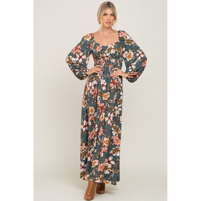 Teal Tropical Floral Maxi Dress