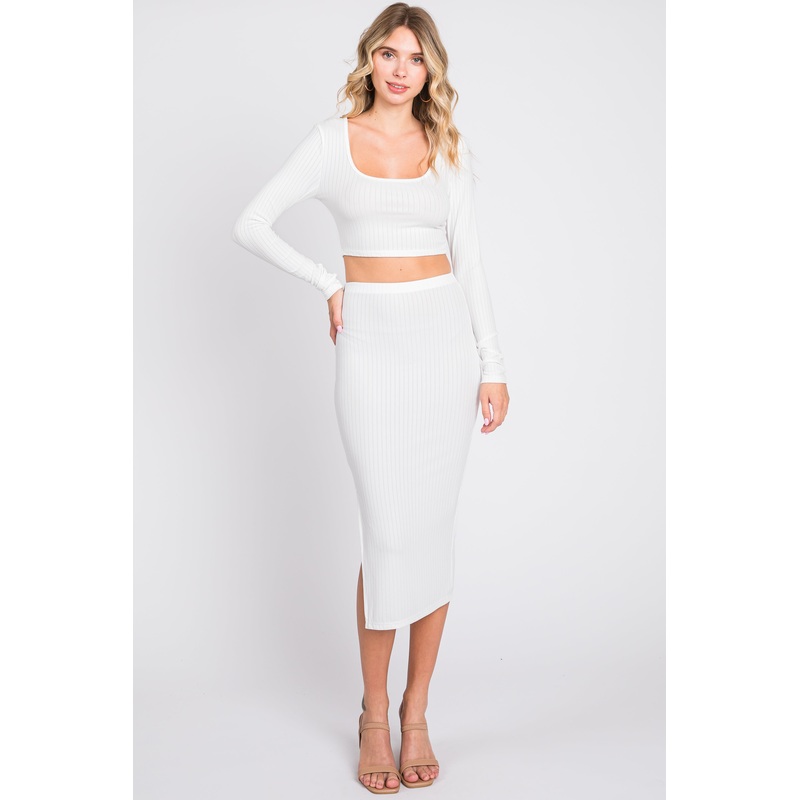 White Ribbed Crop Top Midi Skirt Set