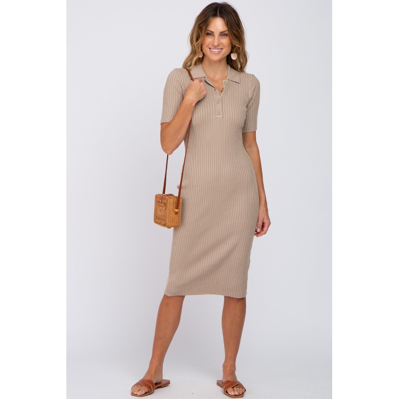Beige Ribbed Fitted Collared Dress