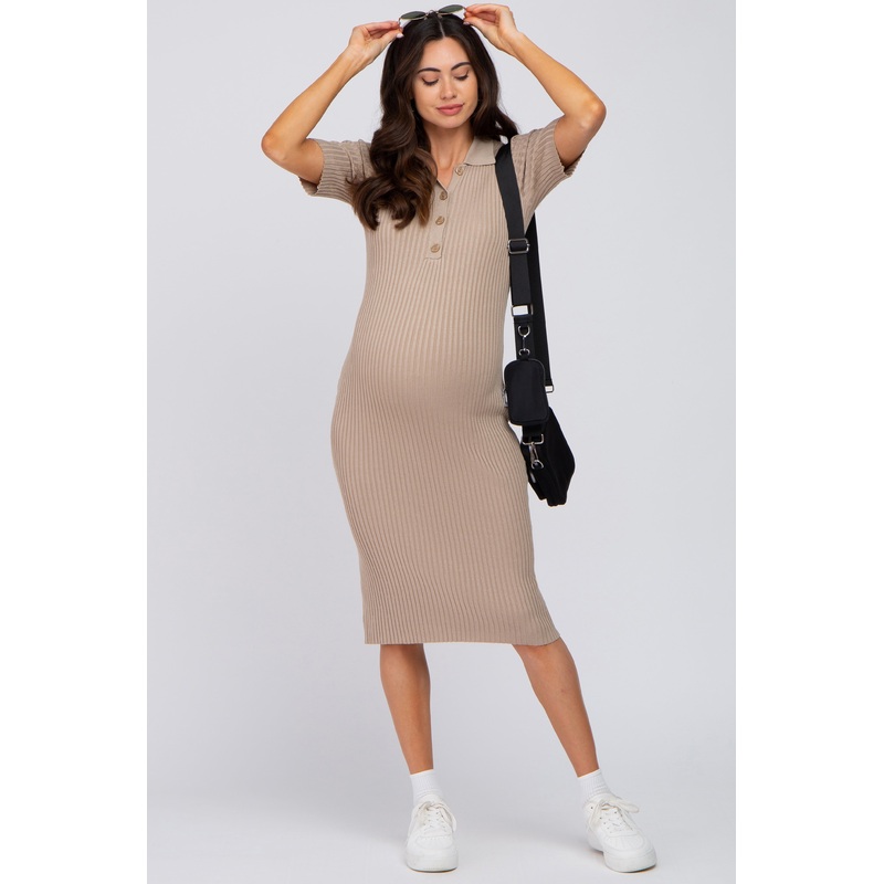Beige Ribbed Fitted Collared Maternity Dress