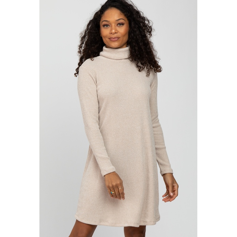 Beige Ribbed Turtleneck Dress