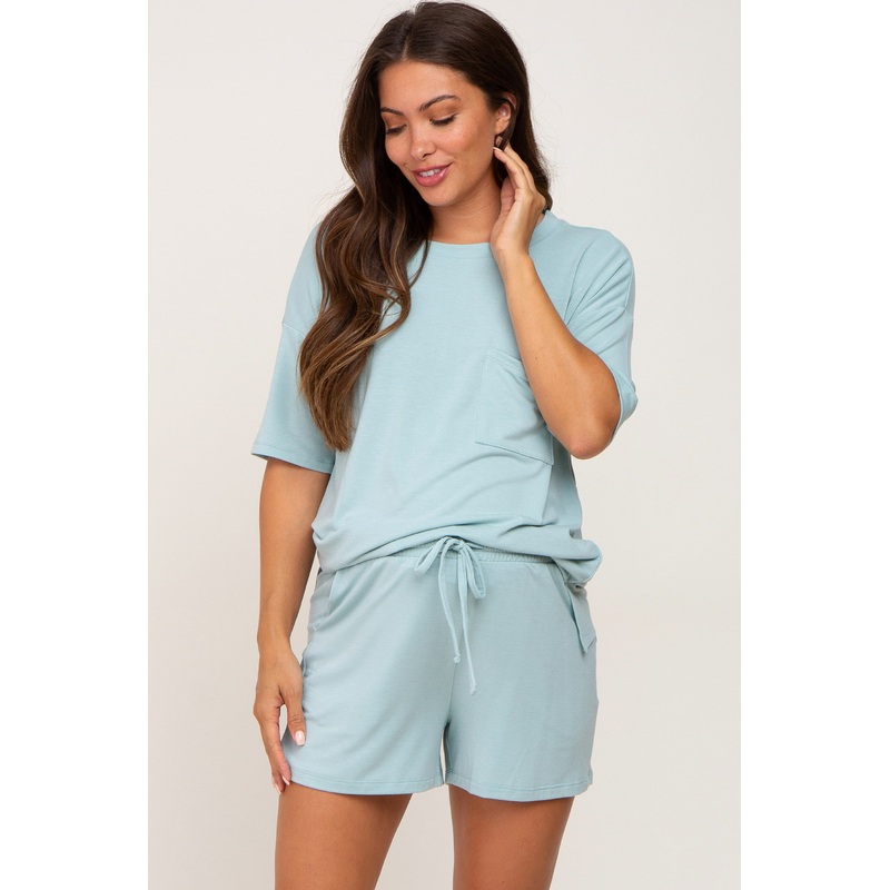 Light Green Pocket Front Maternity Pajama Short Set