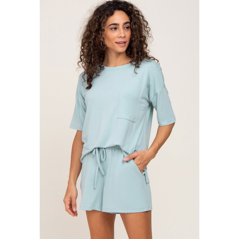 Light Green Pocket Front Pajama Short Set